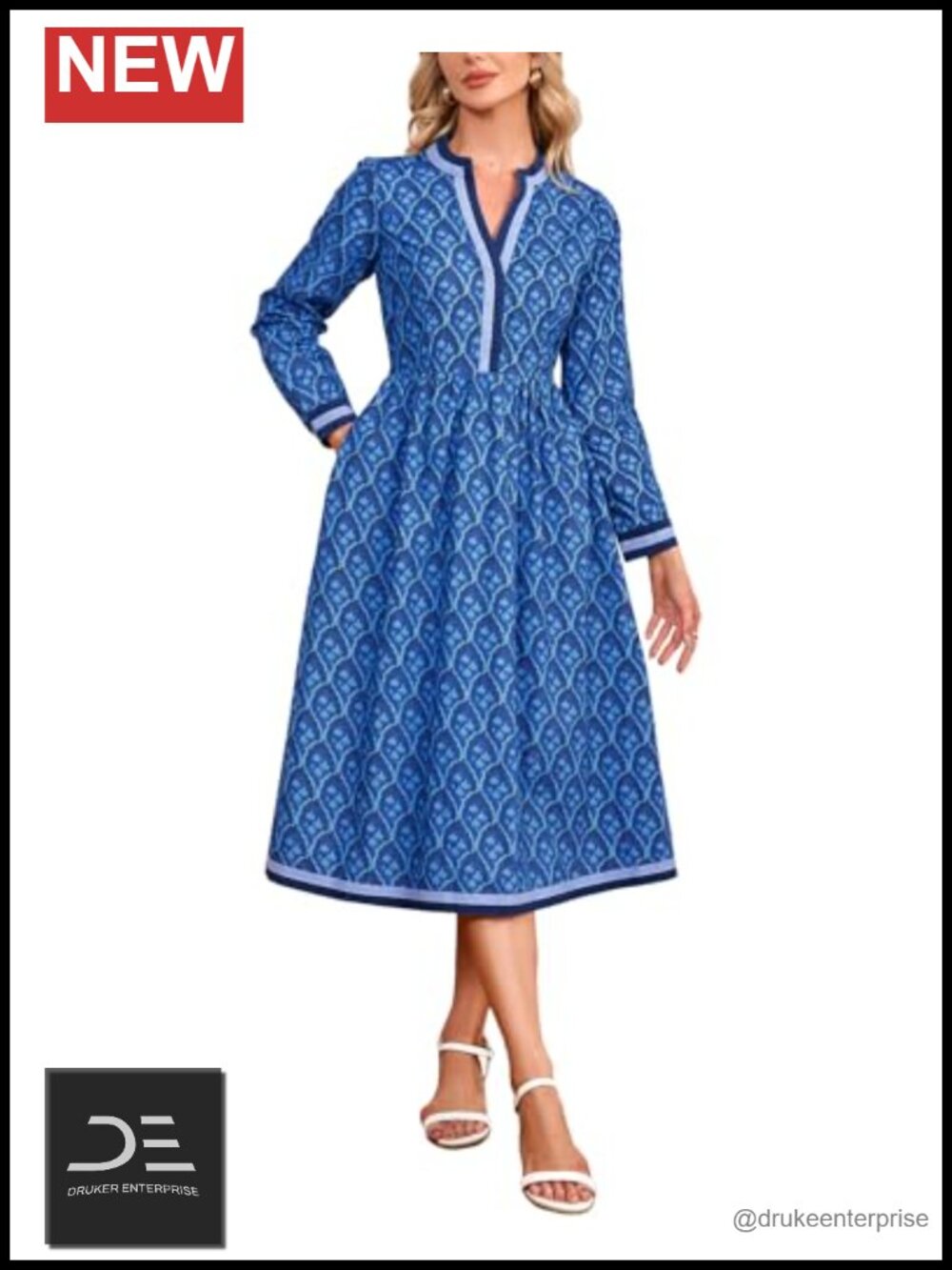 Women's Fall Floral Midi Dress Long Sleeve V Neck A Line Flowy Boho